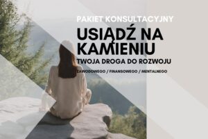 Obraz przedstawia Magdalenę Radomską w różowej sukience i Bogdana Chodkowskiego z napisem 'Pakiet Usiądź na Kamieniu – Audyt Zawodowy i Osobisty' oraz 'Transformacja dla Kobiet' na jasnym tle z geometrycznym wzorem.