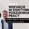 Obraz przedstawia dwóch ekspertów, Elżbietę Gierlicz i Bogdana Chodkowskiego, z napisem 'Szkolenie Wsparcie w Efektywnym Poszukiwaniu Pracy' oraz 'Architekci Rozwoju Zawodowego' na jasnym tle z geometrycznym wzorem.