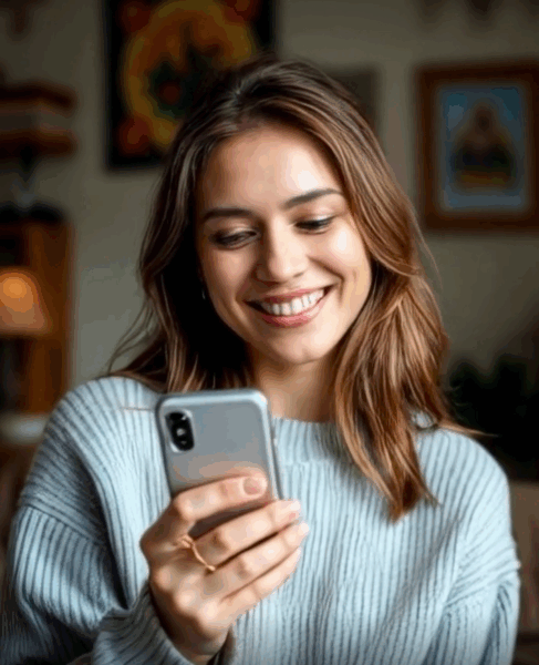 Kobieta z uśmiechem korzystająca z telefonu w przytulnym wnętrzu, symbolizująca kontakt z nami i wsparcie w rozwoju osobistym.