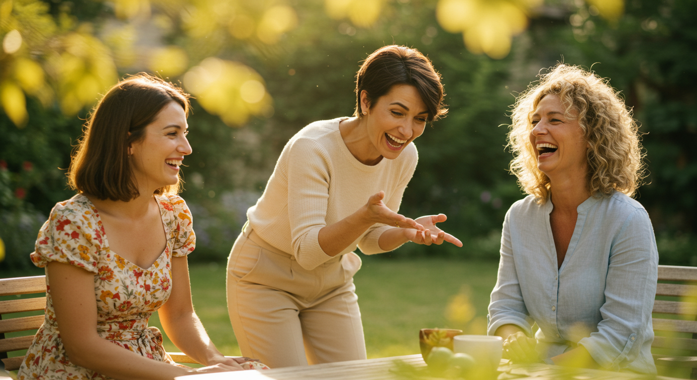 Trzy kobiety rozmawiające i śmiejące się przy stole w ogrodzie – wspólnota i wsparcie w Spółdzielni Kobiet