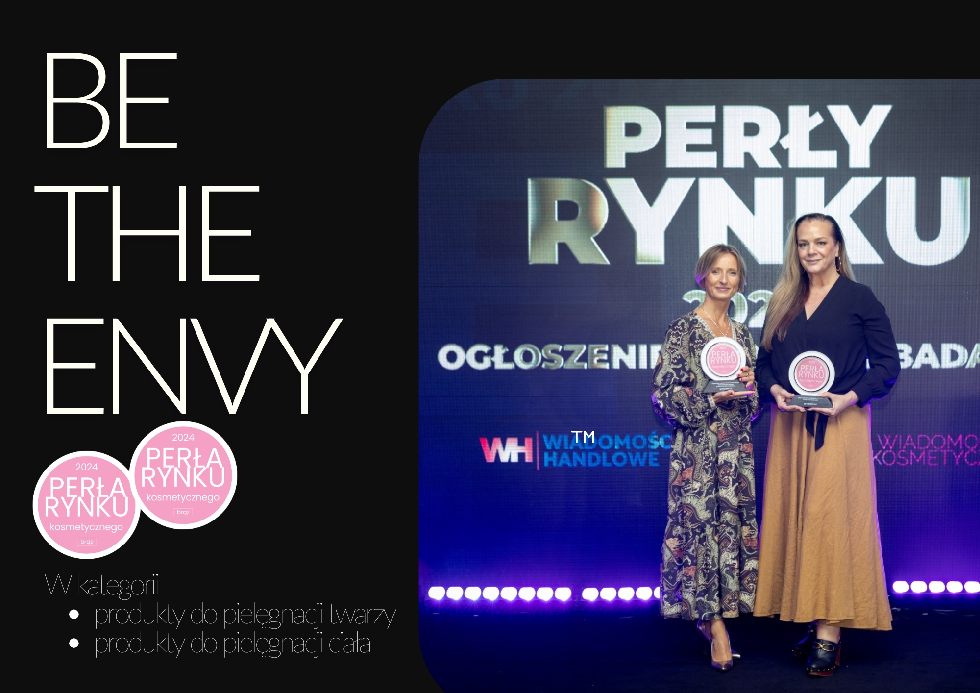 Obraz przedstawia NV Perfecting Mist Shimmer w sprayu z logo Be the Envy LLC, z napisem 'Perła Rynku Kosmetycznego 2024 BRĄZ' na perłowym tle z subtelnym wzorem.