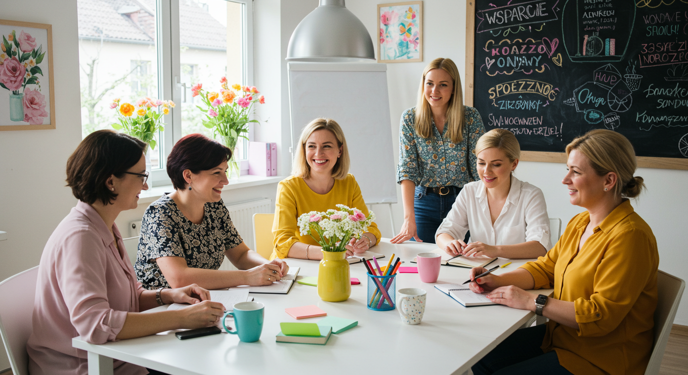 Grupa 4-5 kobiet w wieku 30-50 lat, współpracujących w jasnym, nowoczesnym pokoju z kolorowymi dekoracjami, symbolizujących wsparcie społeczności