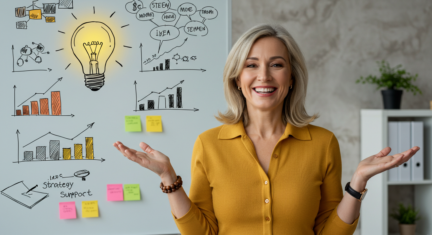 kobieta w wieku 40-50 lat, zainspirowana kreatywnym pomysłem na biznes, w nowoczesnym biurze z tablicą pełną szkiców strategii, symbolizująca wsparcie.